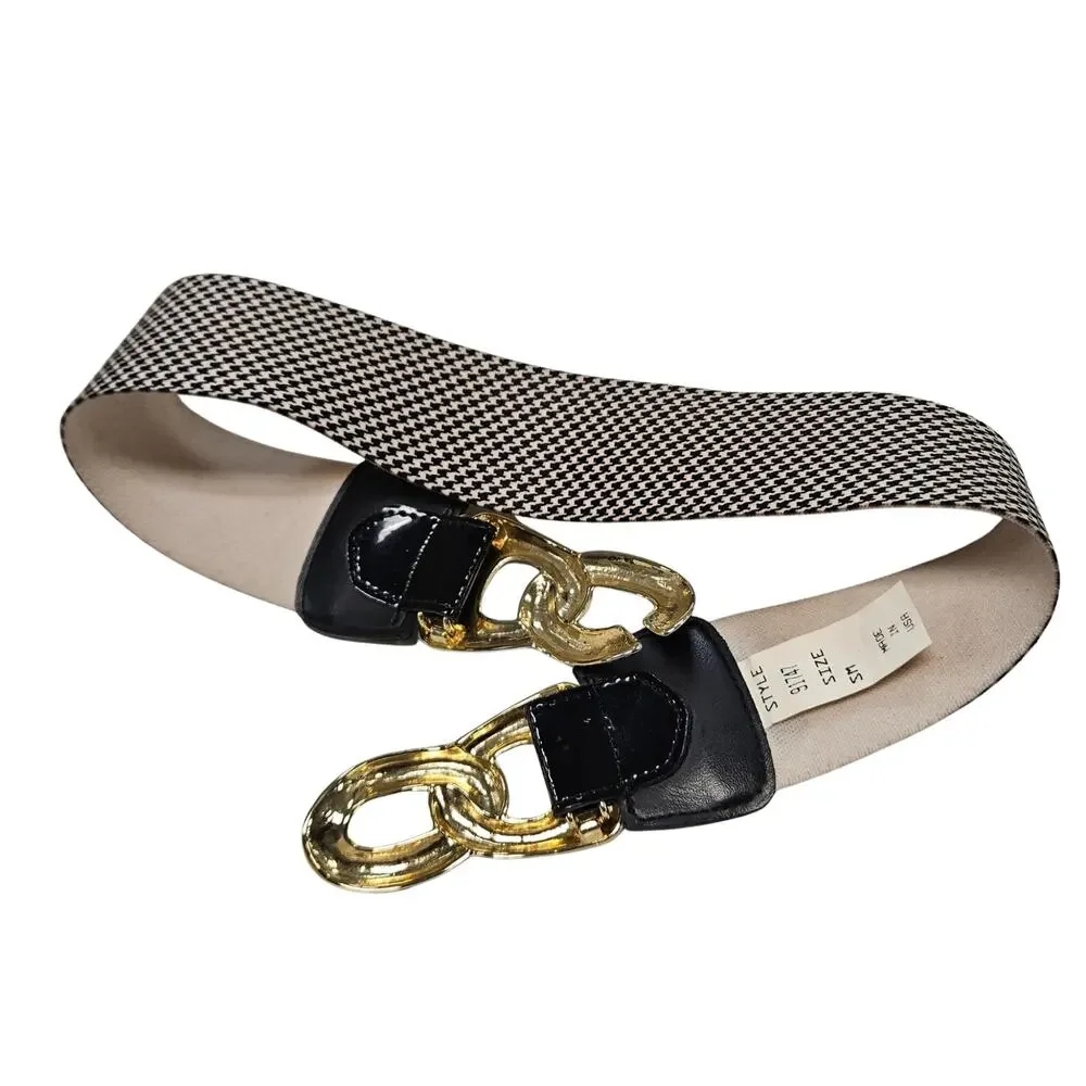 1980s Houndstooth Elastic High Waisted Belt Gold Chunky Buckle Patent Leather Sm